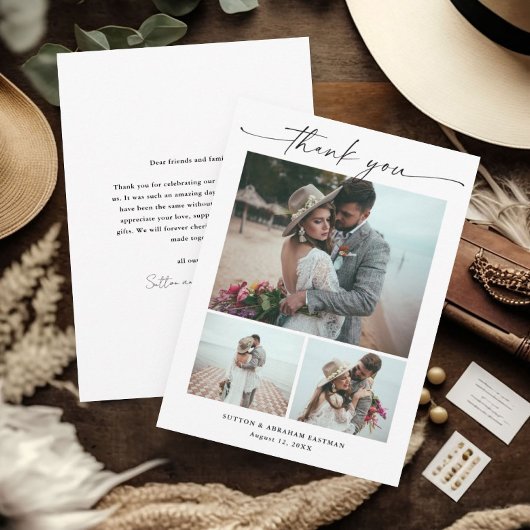 モダンスクリプト3枚写真の結婚式 サンキューカード