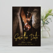 モダンスクリプト カスタム フォト セーブ・ザ・デート 本物の箔押し 箔招待状 (立ち正面)