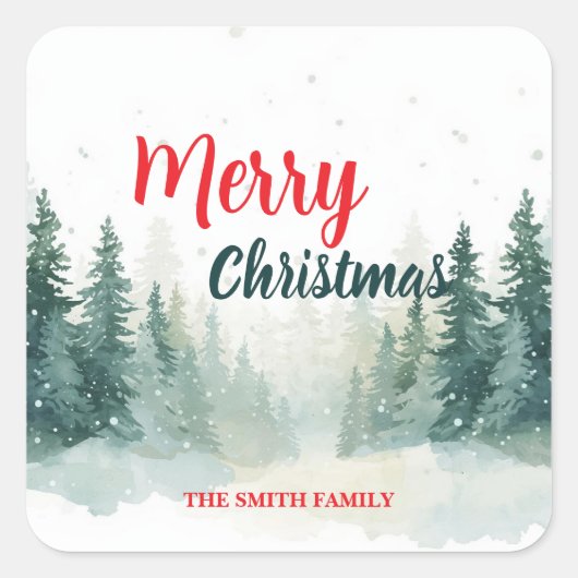モダンスクリプト クリスマス 冬の松の木の前 スクエアシール (正面)