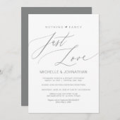 モダンスクリプト、グレー、ウェディングエロープメントレセプション 招待状 (正面/裏面)