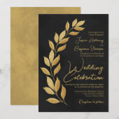 モダンスクリプト ゴールデンリーフ ブラックウェディング 招待状 (正面/裏面)
