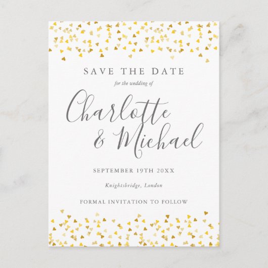 モダンスクリプト ゴールドハーツ コンフェッティ セーブザデート 案内ポストカード (正面)