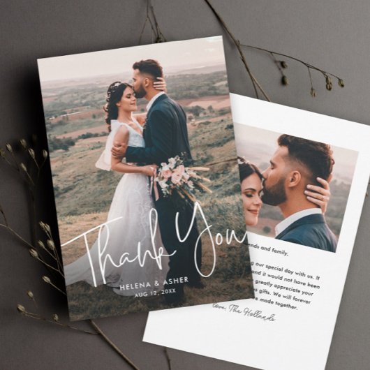 モダンスクリプト シンプルな結婚式の写真 サンキューカード
