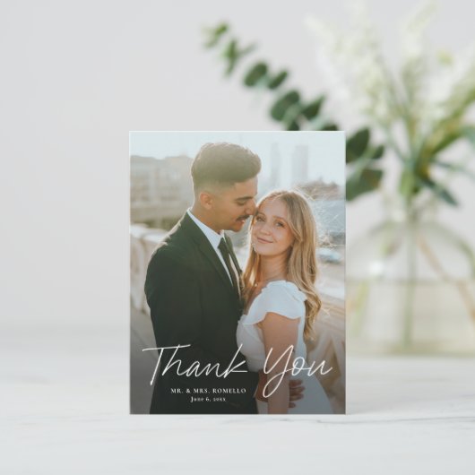 モダンスクリプト シンプル フォト ウェディング サンクス ポストカード (スタンド正面)