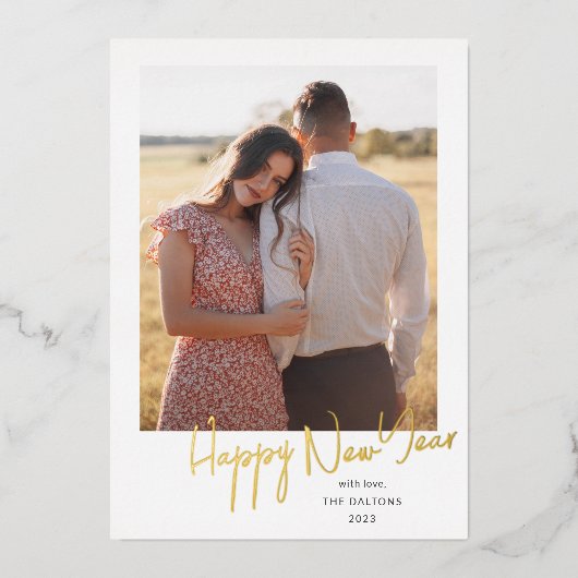 モダンスクリプト シンプル フォト ホイル ホリデー カード (正面)