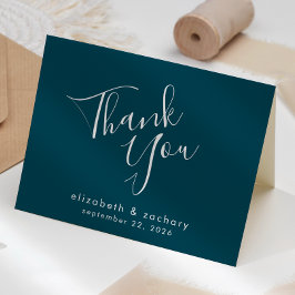 モダンスクリプト ティールブルーの結婚式のお礼 カード