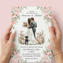 モダンスクリプト ピンクフラワーの結婚式招待状 ノートカード