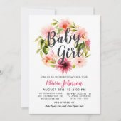 モダンスクリプト ピンク フラワーリース 女の子 ベビーシャワー 招待状 (正面)