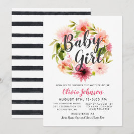 モダンスクリプト ピンク フラワーリース 女の子 ベビーシャワー 招待状