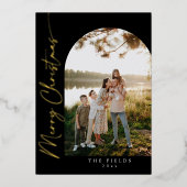 モダンスクリプト フォイル アーチ フォト ファミリー ホリデー カード (正面)