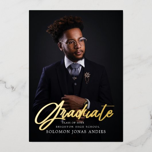 モダンスクリプト フォト 高校卒業 箔招待状 (正面)