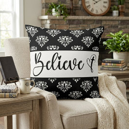 モダンスクリプト ブラック ホワイト ダマスク柄 キリスト教 Believe（信じる） クッション