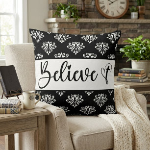 モダンスクリプト ブラック ホワイト ダマスク柄 キリスト教 Believe(信じる) クッション