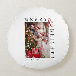 モダンスクリプト ホリデー ファミリー クリスマス フォト カード ラウンドクッション