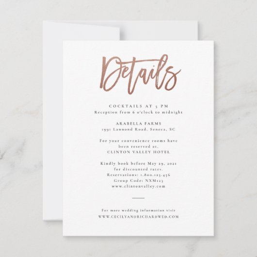 モダンスクリプト ローズゴールド ウェディング ディテール カード (正面)