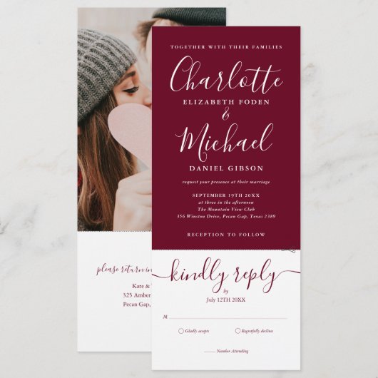 モダンスクリプト ワインレッド オールインワン フォト ウェディング招待状 招待状 (正面/裏面)
