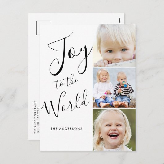 モダンスクリプト 喜びの世界 3 枚の写真のコラージュ シーズンポストカード (正面/裏面)