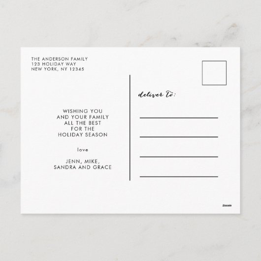 モダンスクリプト 喜びの世界 3 枚の写真のコラージュ シーズンポストカード (裏面)