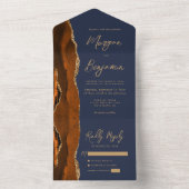 モダンスクリプト 結婚式 Rust Gold Agate ネイビーブルー オールインワン招待状 (内側)
