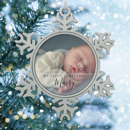 モダンスクリプト 赤ちゃん 写真 ファーストクリスマス スノーフレークピューターオーナメント