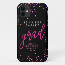 モダンスクリプト 黒 ピンク コンフェティ おしゃれ 卒業 iPhone 11 ケース