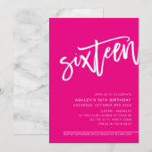 モダンスクリプト 16歳の誕生日パーティー ホットピンク 白 招待状 (正面/裏面)