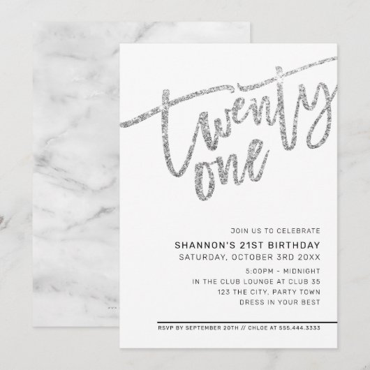 モダンスクリプト 21歳の誕生日パーティー シルバーグリッター 招待状 (正面/裏面)