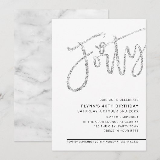 モダンスクリプト 40歳の誕生日パーティー シルバーグリッター 招待状 (正面/裏面)