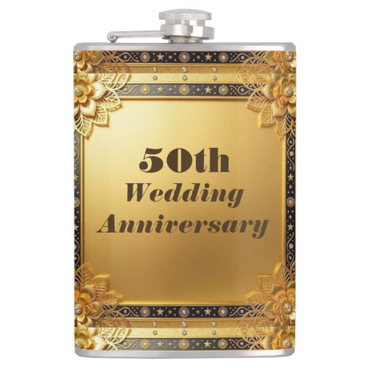 モダンスクリプト 50周年 結婚記念日 フェイクゴールド フラスク (正面)