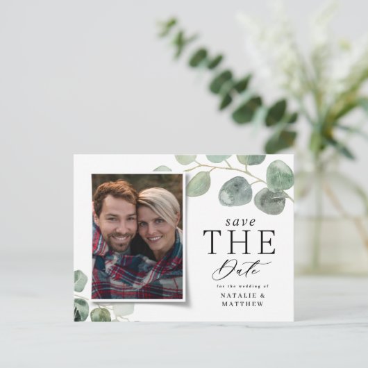 モダンスクリプトeucalyptus植物写真結婚の 案内ポストカード (スタンド正面)