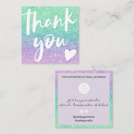 モダンスクリプトmermaidグリッターティール（緑がかった色）感謝していユー スクエア名刺 (正面/裏面)