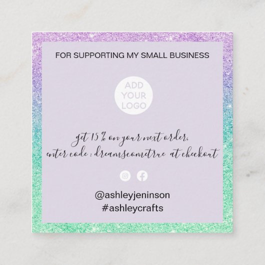 モダンスクリプトmermaidグリッターティール(緑がかった色)感謝していユー スクエア名刺 (裏面)