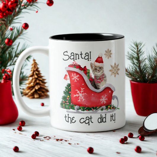 モダンスクリプトSanta Cat Water Color おもしろい Christmas ツートーンマグカップ