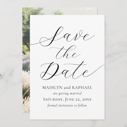 モダンスクリプミニマルト写真の追加日付カードの保存 招待状 (正面/裏面)