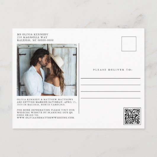 モダンスクリプミニマルト2枚の写真シンプルの結婚 案内ポストカード (裏面)