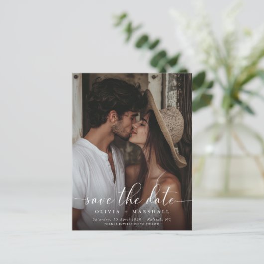 モダンスクリプミニマルト2枚の写真シンプルの結婚 案内ポストカード (スタンド正面)