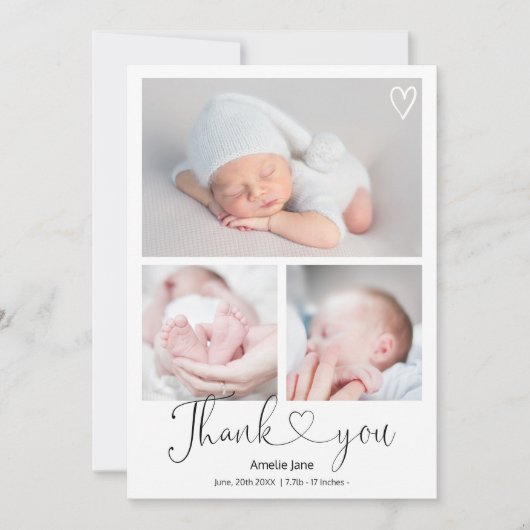 モダンスクリプ感謝していトするハート4枚の写真ベビー誕生 案内状 (正面)