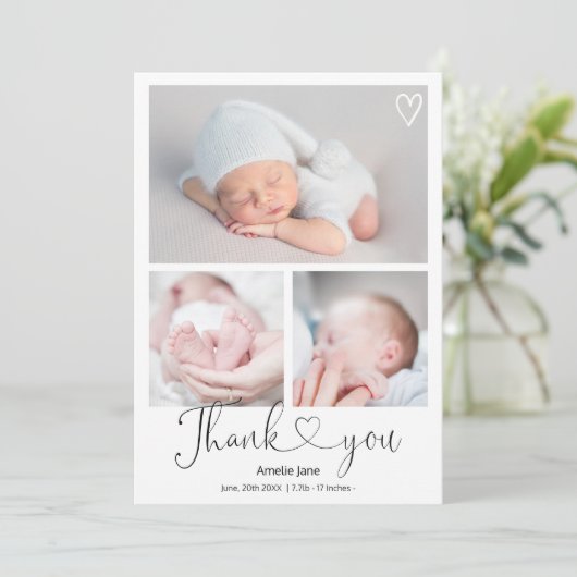 モダンスクリプ感謝していトするハート4枚の写真ベビー誕生 案内状 (スタンド正面)