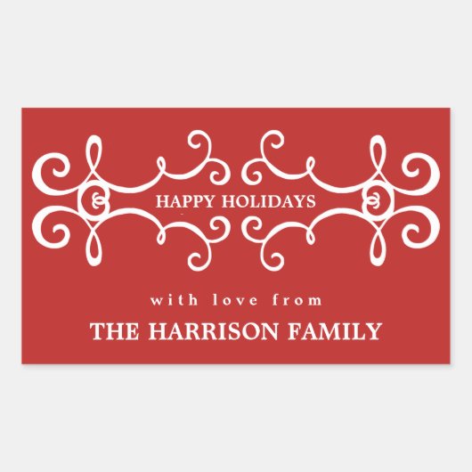 モダンスクロール休日のクリスマスのギフトのラベル/赤 長方形シール (正面)