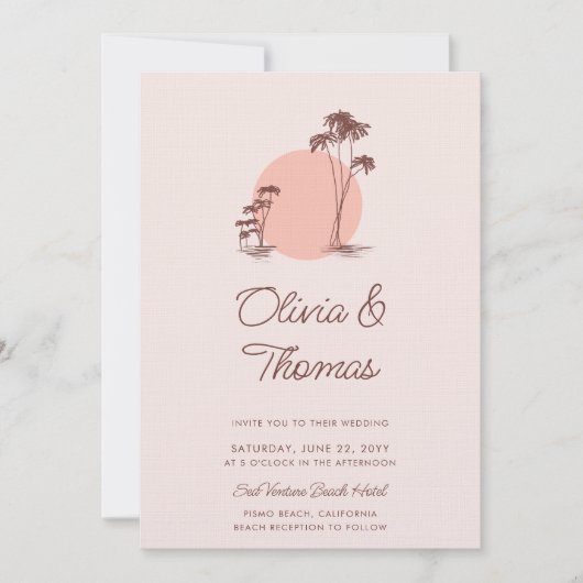 モダンスケッチピンクパームツリーズシンプルビーチ結婚式 招待状 (正面)