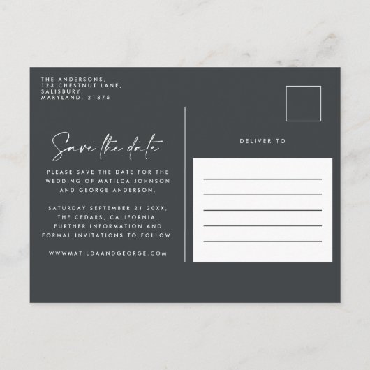 モダンスタイリッシュエレガントタイポグラフィ結婚の 案内ポストカード (裏面)