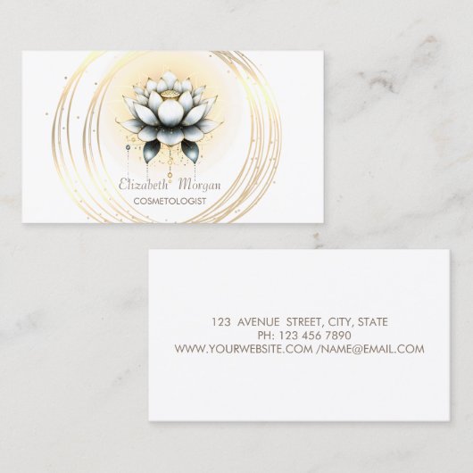 モダンスタイリッシュエレガント白Lotus金ゴールド円 名刺 (正面/裏面)