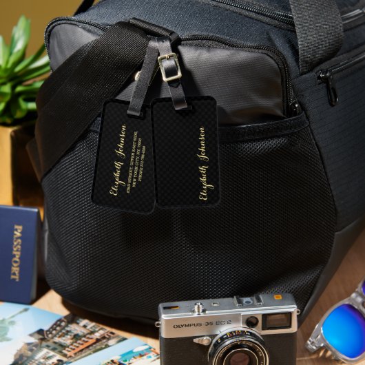 モダンスタイリッシュエレガント黒市松模様に金ゴールド旅行 ラゲッジタグ (正面&裏面)