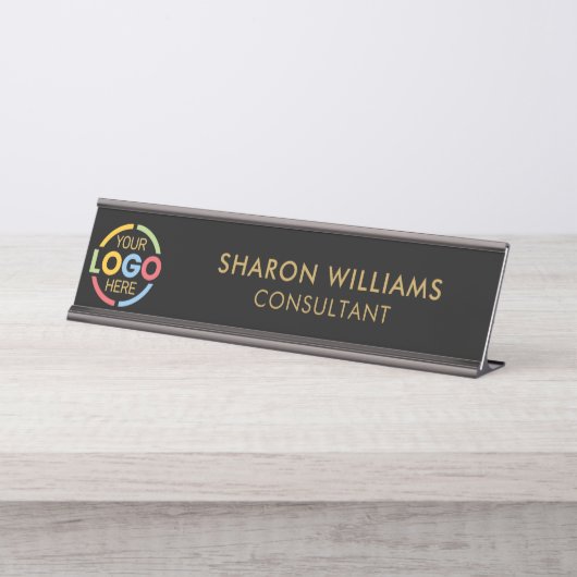 モダンスタイリッシュカスタムBusiness Logo Black and Data デスクネームプレート (正面)
