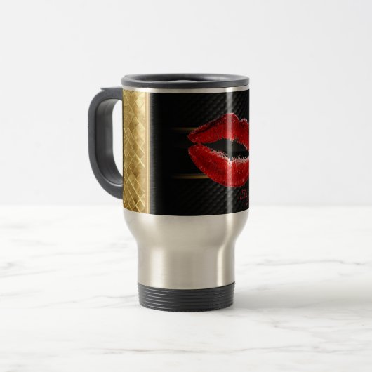 モダンスタイリッシュグリッター赤い唇パーソナライズされた トラベルマグ (正面左)