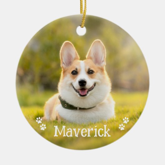 モダンスタイリッシュシンプルパーソナライズされたペットドッグ写真 セラミックオーナメント (正面)