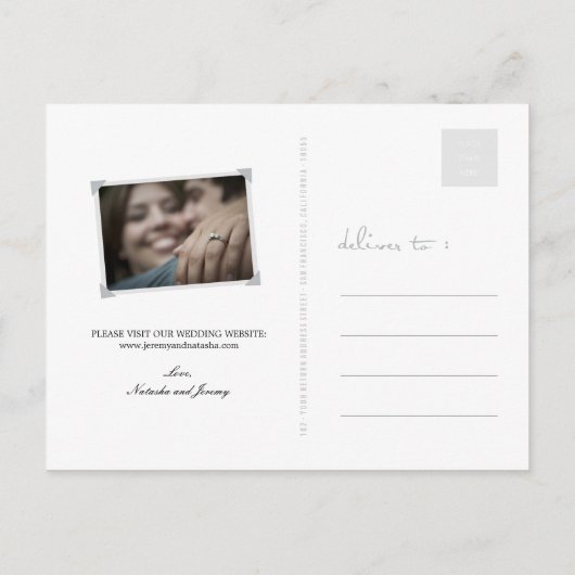 モダンスタイリッシュシンプルScript Photo日付の保存 案内ポストカード (裏面)