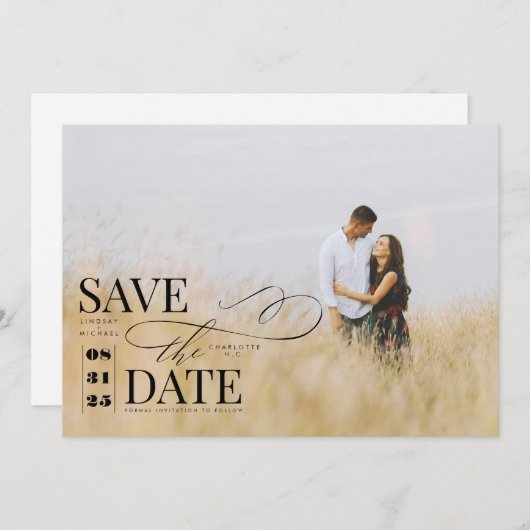 モダンスタイリッシュタイポグラフィ写真の日付保存 セーブザデート (正面/裏面)