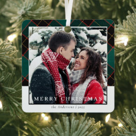 モダンスタイリッシュダリーグリーンプレイドクリスマスカップルの写真 メタルオーナメント