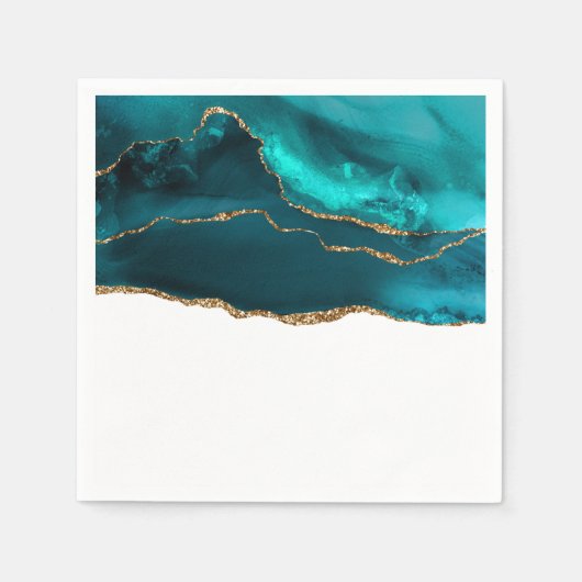 モダンスタイリッシュティール（緑がかった色）と金ゴールドアゲートオンホワイト スタンダードカクテルナプキン (正面)